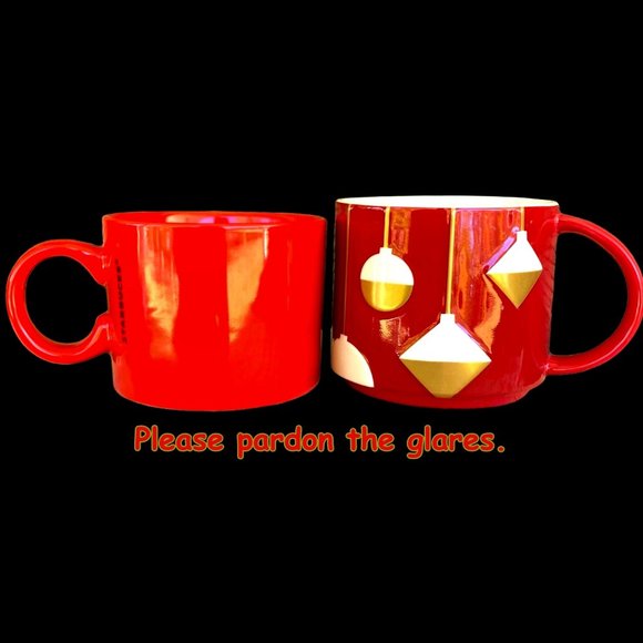 Two (2) Starbucks Christmas Coffee Mugs Red Gold Letters & Ornaments 2012 & 2017 - Picture 3 of 10